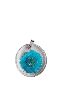 (2)Round Resin Pendant with Teal Blue Flower